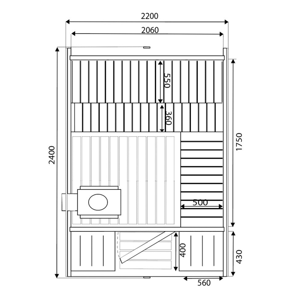 Cube Sauna 240cm with Electric Stove - Compact 4-6 Person Single Bench Layout