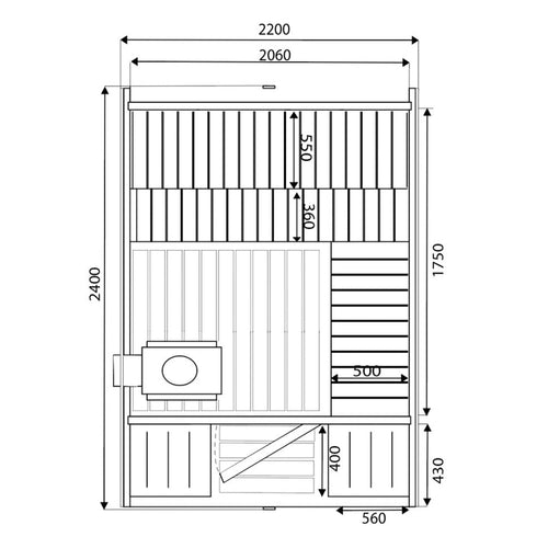 Cube Sauna 240cm with Electric Stove - Compact 4-6 Person Single Bench Layout