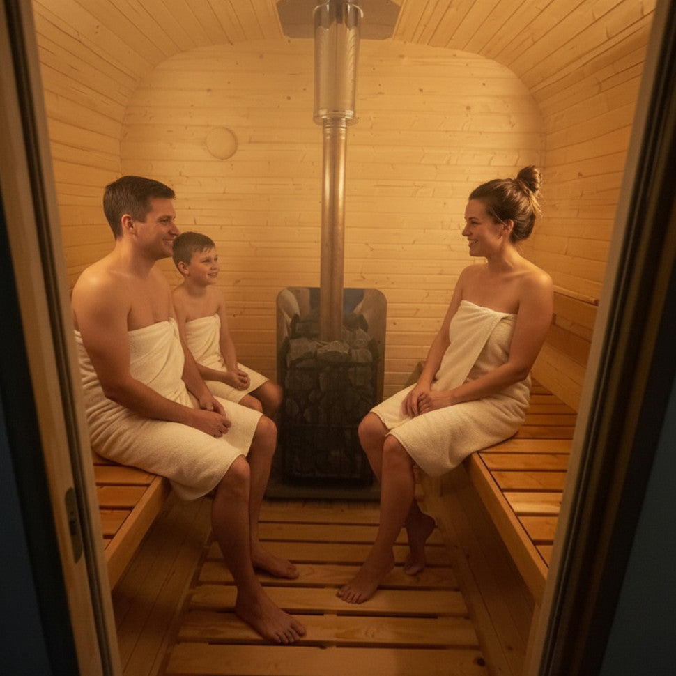Cube Sauna 240cm with Wood-Burning Stove - Compact 4-6 Person Single Bench Layout