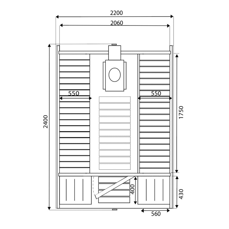 Cube Sauna 240cm with Wood-Burning Stove - Compact 4-6 Person Single Bench Layout