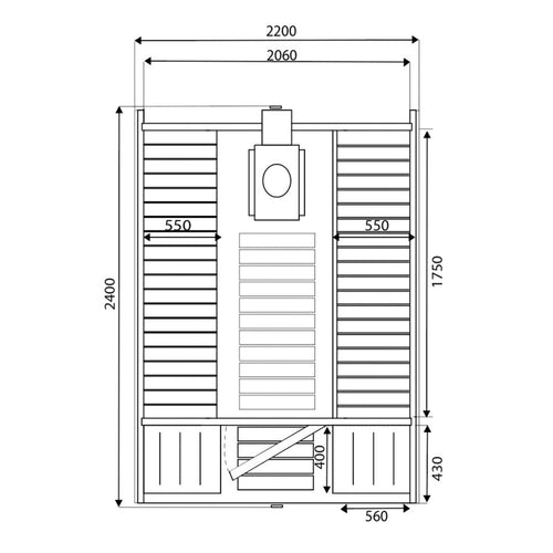 Cube Sauna 240cm with Wood-Burning Stove - Compact 4-6 Person Single Bench Layout