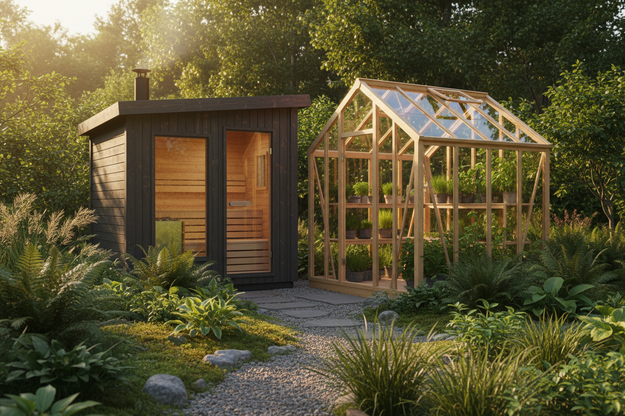 Nordic sauna and garden greenhouse